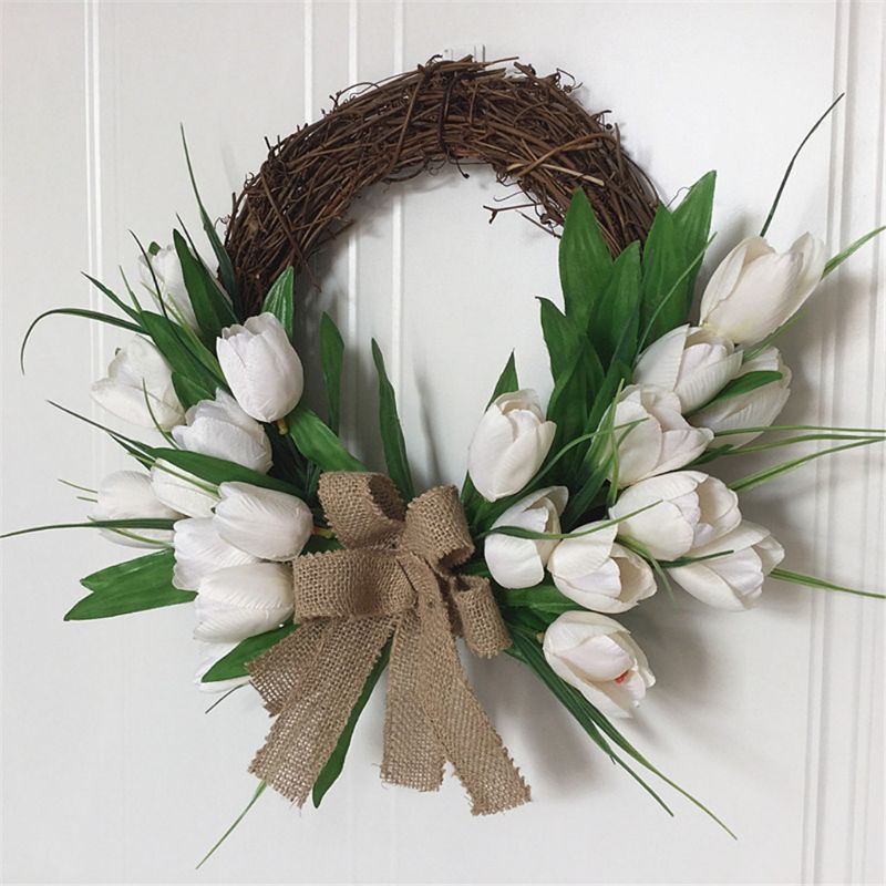 Artificial Flowers White Tulip Wreath Spring Wreath Outdoor for Front Door