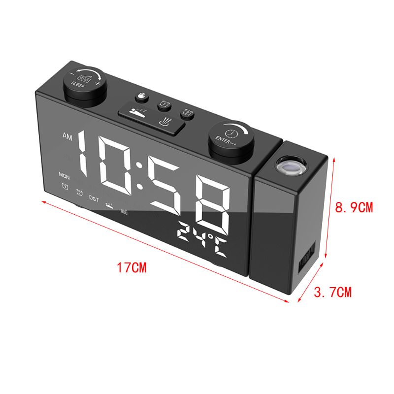 LED Digital FM Radio Projection Alarm Clock Snooze Timer Temperature Display with USB Charge Cable Home Decor