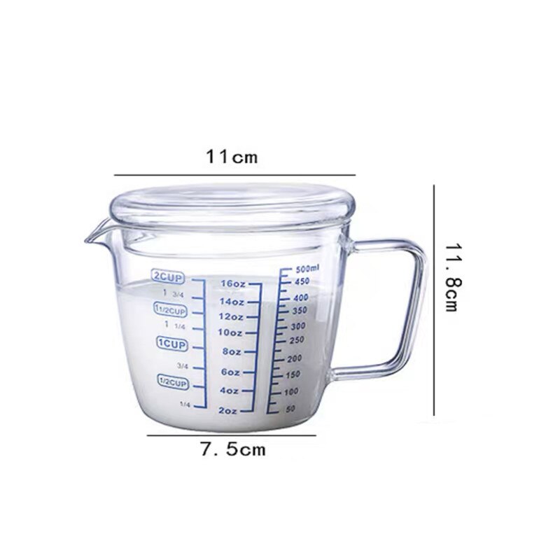 250/500ml Glass Measuring Cup Heat Resistant Milk Jug with Scale and Lid Microwave Safe Tea Coffee Pitcher Baking Tools: 500ml with lid