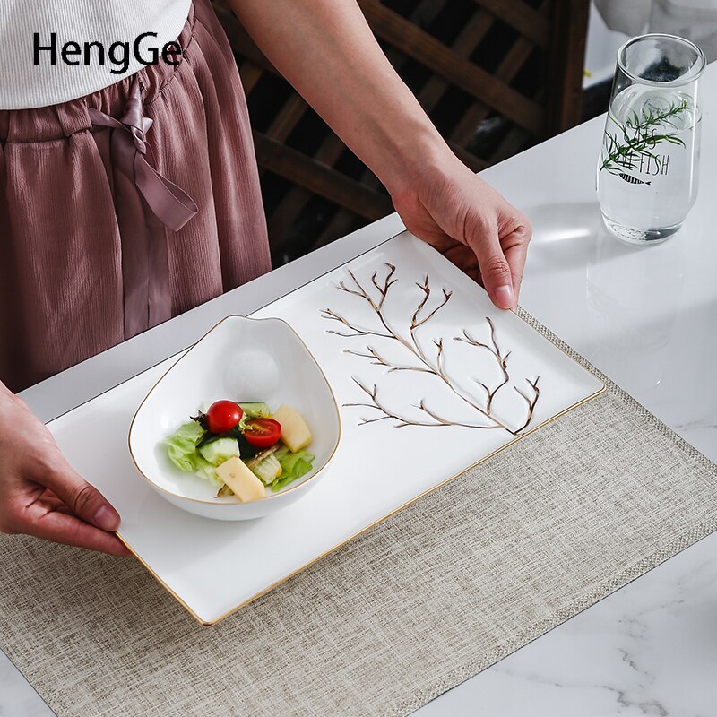 Creativity Golden Stroke Plates and Bowls Restaurant Hotel Salad Bowl Steak Spaghetti Dinner Plates Serving Tray Home Tableware