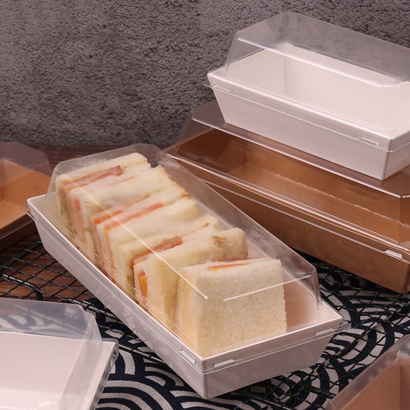 10pcs Rectangular/Square Kraft Paper Box Sandwich Wrapping Boxes With Plastic Clear Lids Cake Bread Snack Bakery Food Packing