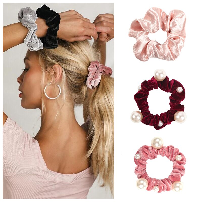 6 PCS Soft Velvet Elastic Hair Rope Scrunchies Sweet Pearls Hair Accessories For Women Tie Hair Ring Ponytail Holder Headpiece