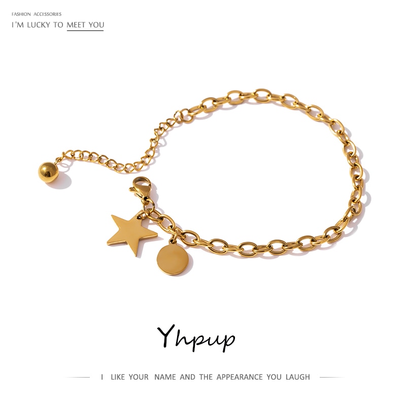 Yhpup breloque étoile ronde pendentif Bracelet en acier inoxydable bijoux pour femmes plaqué or métal