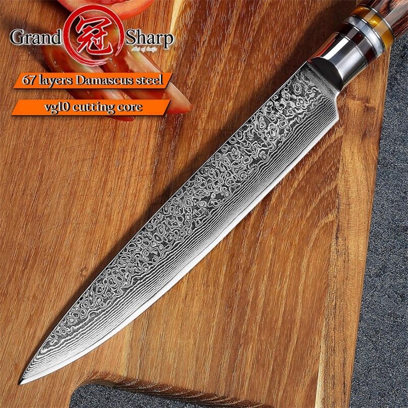Grandsharp 8&#39;&#39; Slicing Knife Chef&#39;s Knife Damascus Knives 67 Layers Japanese Kitchen Knife VG10 Steel Meat Fish Salmon Sashimi