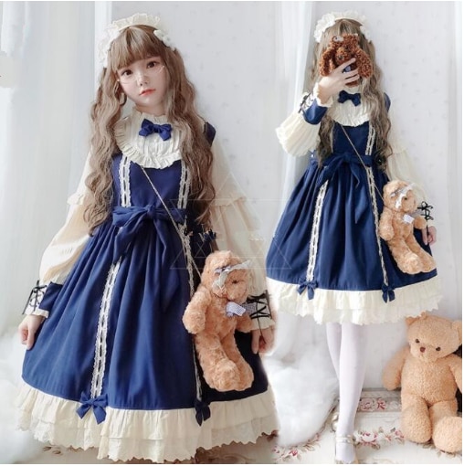 Vintage Palace robe victorienne bleu doux Kawaii Lolita robe à manches longues nœud papillon princesse gothique Lolita Op Loli Cos bandeau