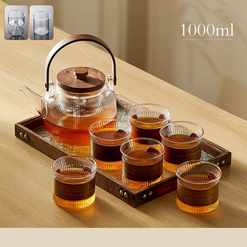 GIANXI Chinese Tea Set Wooden Handle Wooden Cover Glass Teapot Stainless Steel Filter Steaming Tea Set Transparent Teapot Tray: light green
