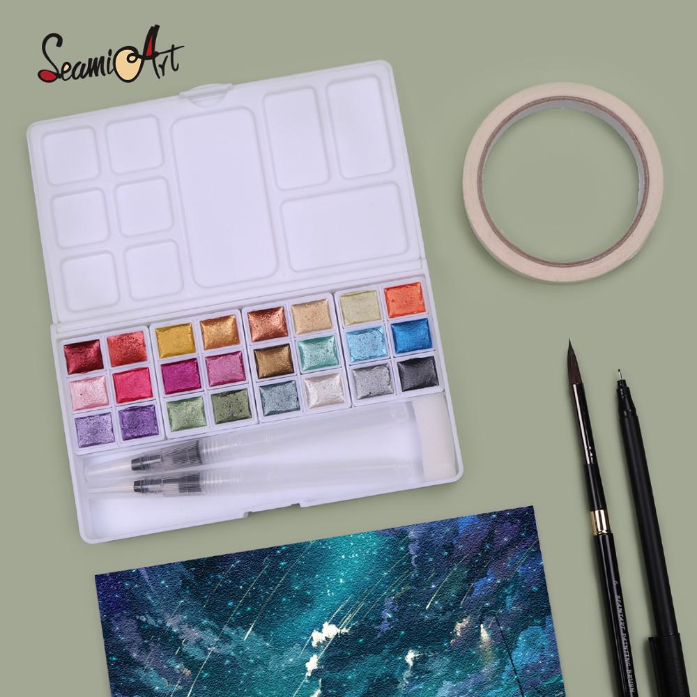 Seamiart Parel Aquarel Pigment 24 Kleur Solid Metallic Water Kleur Verf Set Voor Tekening Illustraties Art Supplies
