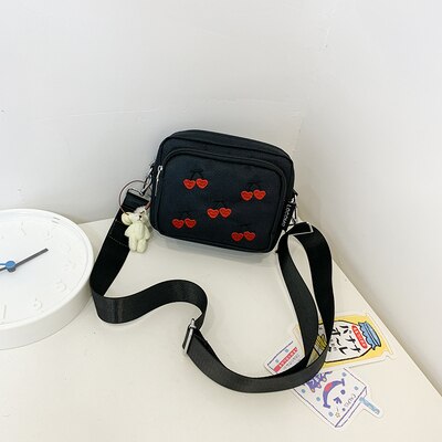 Zomertassen voor dames flap kersen borduurwerk dames schoudertas bolsa feminina canvas crossbody tas: Zwart