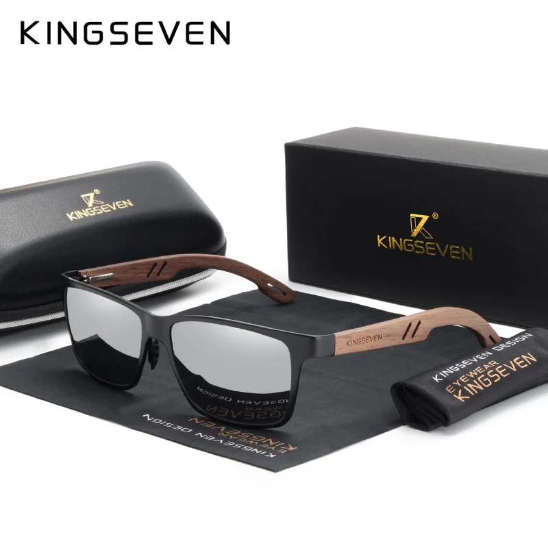 KINGSEVEN Aluminium Handgemachte Walnuss Holz Sonnenbrille Männer Polarisierte Sonnenbrille Für Frauen Anti-Blendung Spiegel Objektiv: Silber