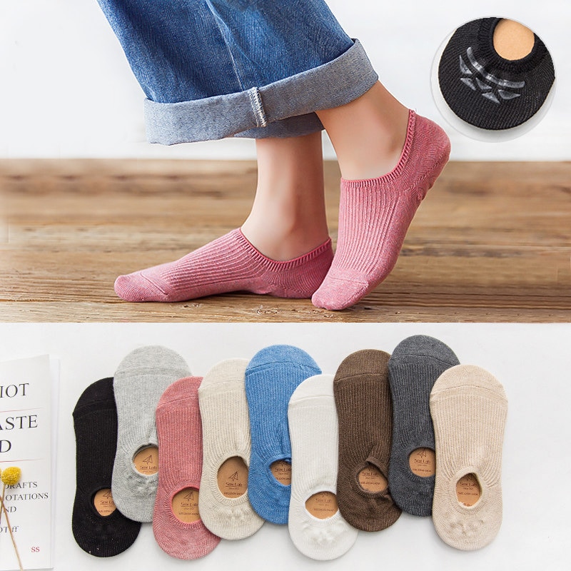 5Pairs/lot Spring Summer Women Socks Solid Wild Shallow Mouth Vertical Stripes Silicone Non-slip Invisible Sock Slipper