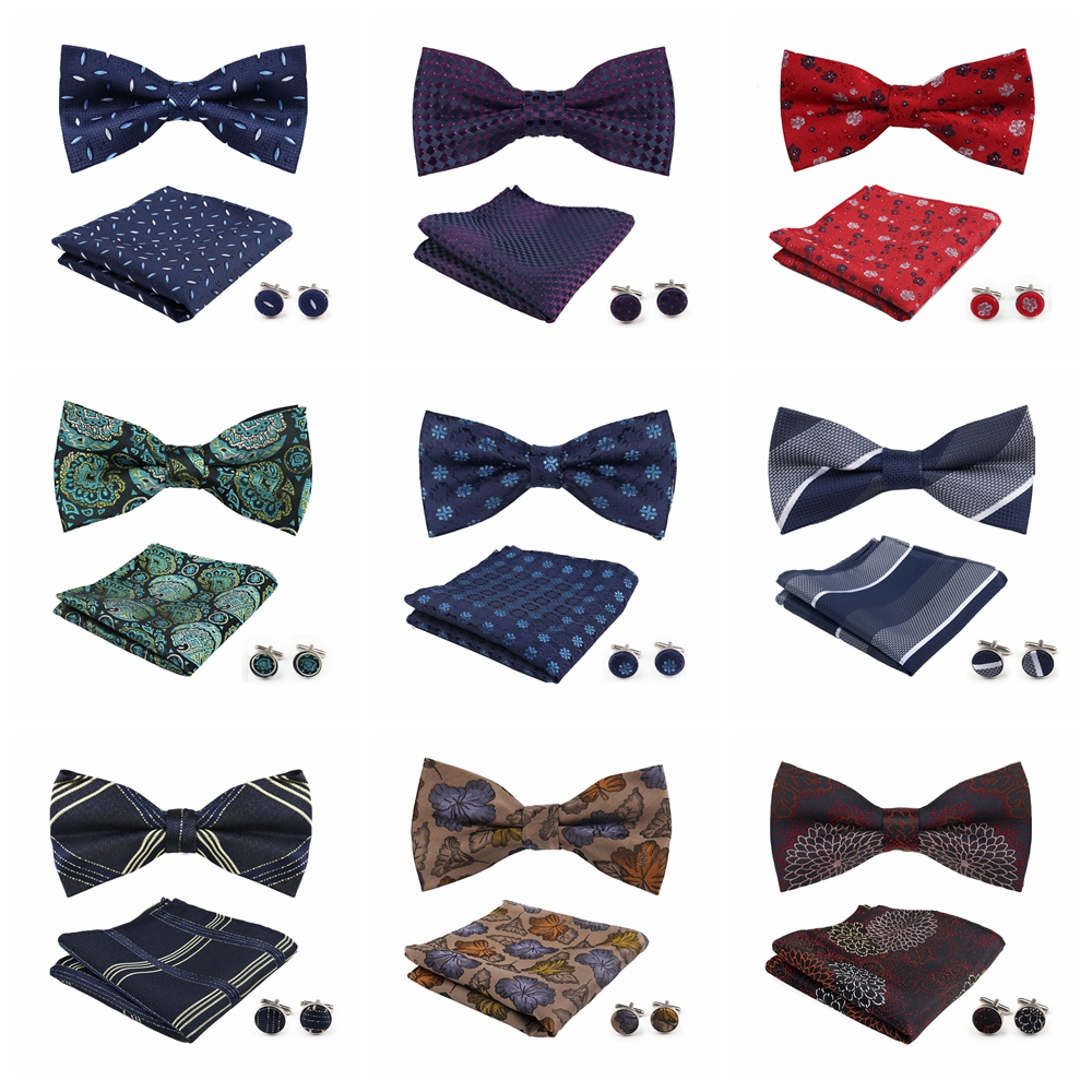 Conjunto de 3 piezas de pajarita, pañuelo, gemelos, conjunto para camisas de hombre, ajuste de negocios, boda, mariposa, Paisley, bolsillo, pajarita cuadrada para hombre