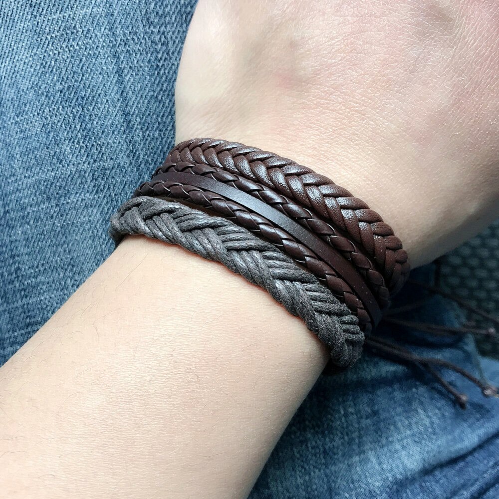 Pulsera de cuero trenzada para hombre y mujer, brazalete de cuerda multicapa hecho a mano, de joyería para pareja, 3 unids/set por juego, 2022