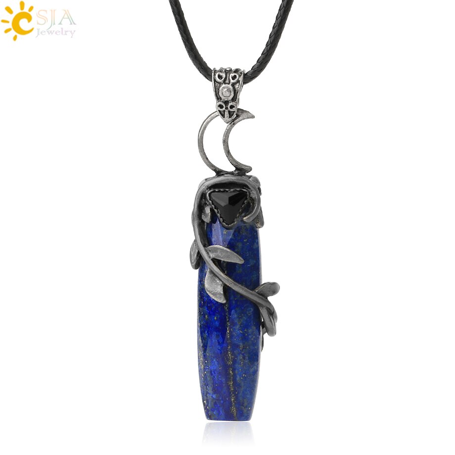 CSJA Antique Silver Color Pendant Necklaces Natural Crystal Stones Leaves Winding Faceted Rectangle Long Pendants Women Men G587: Lapis Lazuli Rope