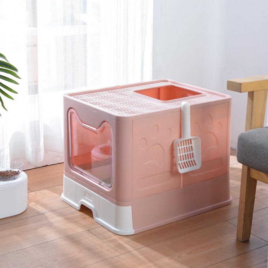 Caja de arena plegable con tapa para gato, inodoro para mascotas, orinal de entrada superior con cuchara, con habitación interior grande