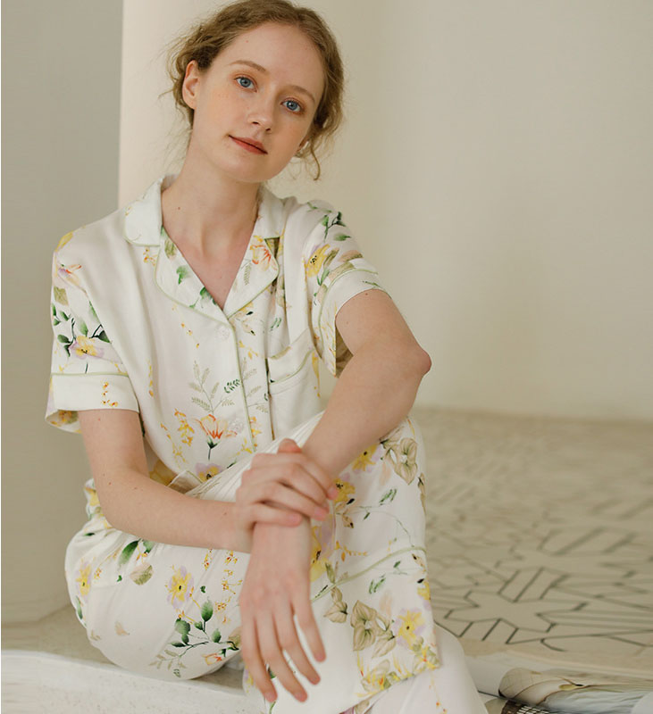 Elegante En Comfortabele Herfst Vrouw Pyjama Set Rose Bloem Afdrukken Pyjama Lange Mouw Lange Broek Vrouwen Set 2 Stuk Pijama: short sleeve set / L