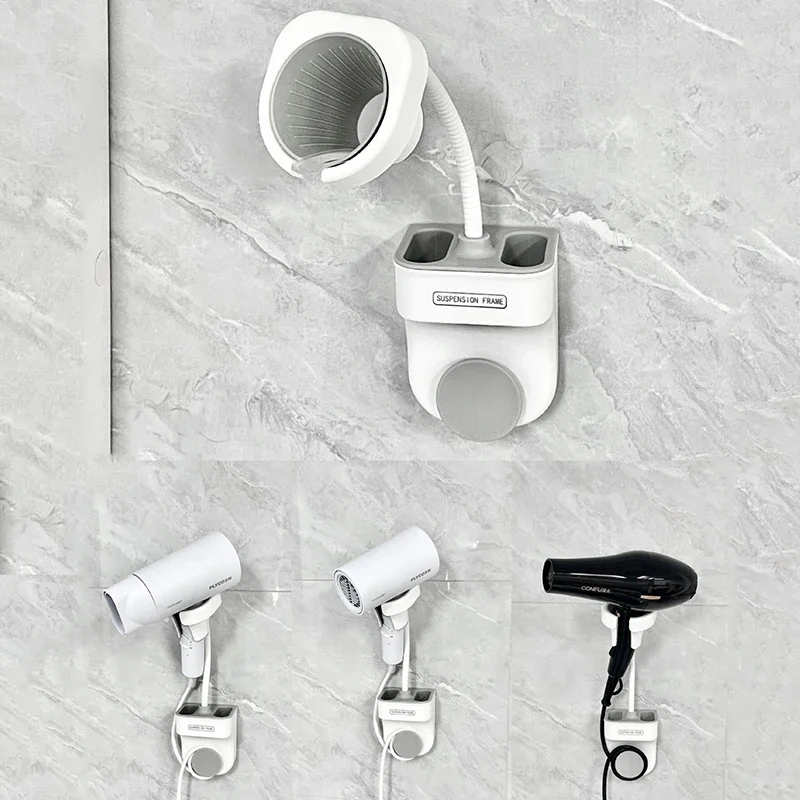 Handenvrij Staand Föhn Houder 360 Graden Rotatie Badkamer Planken Opbergrek Universeel Voor Haardroger Standaard Muurbevestiging
