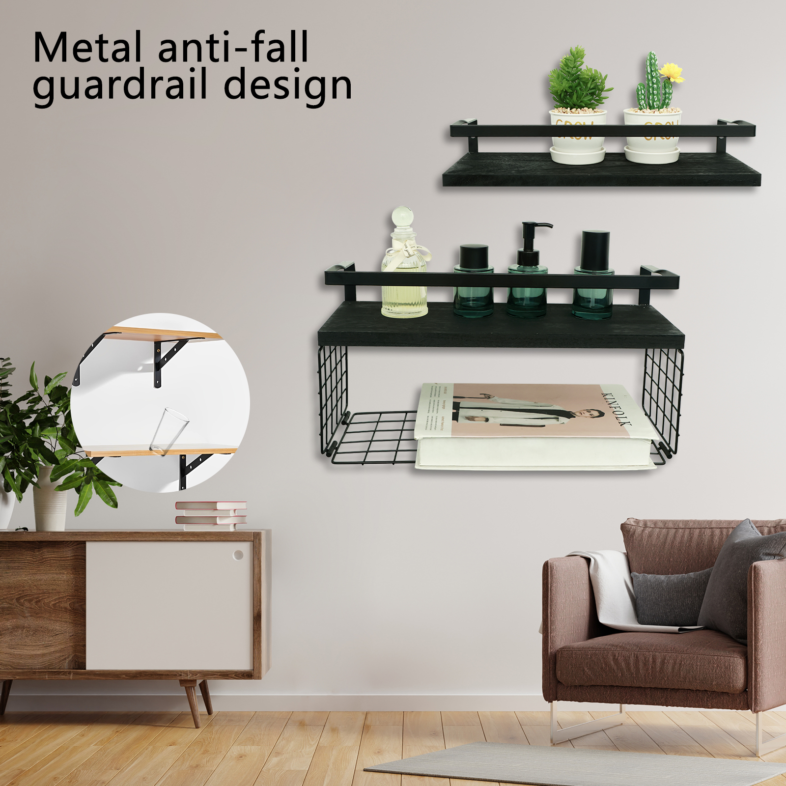 Estantes flotantes montados en la pared, estantería de madera para baño con barandilla protectora de Metal, estante de almacenamiento abierto resistente para cocina y baño