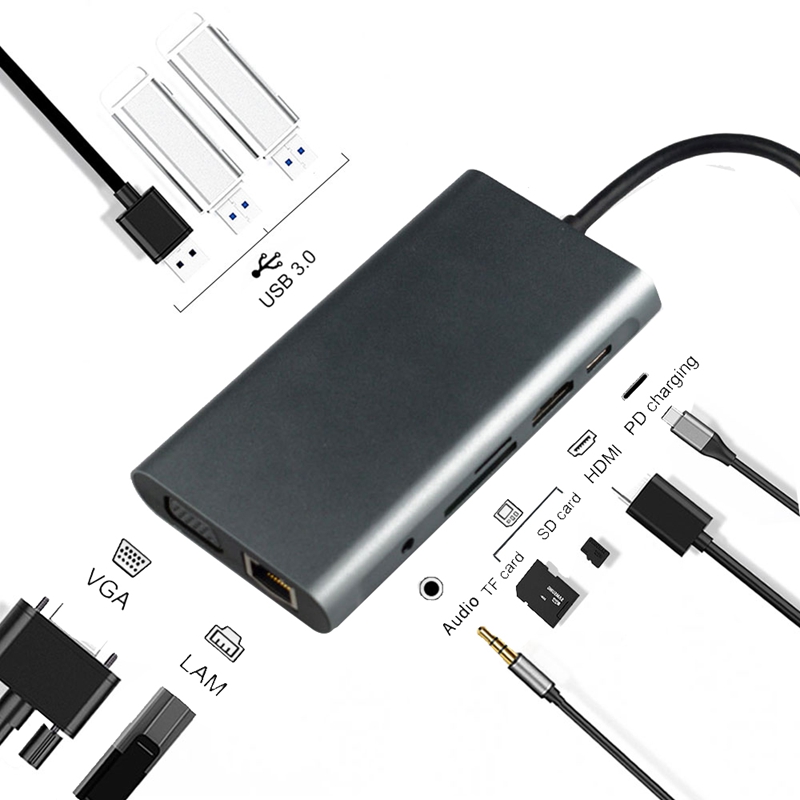 USB HUB C 10 in 1 Thunderbolt 3 Type C Adapter Dock 3 USB 3.0 Port 4K HDMI 1080P VGA RJ45 Gigabit Ethernet for Mac book Pro