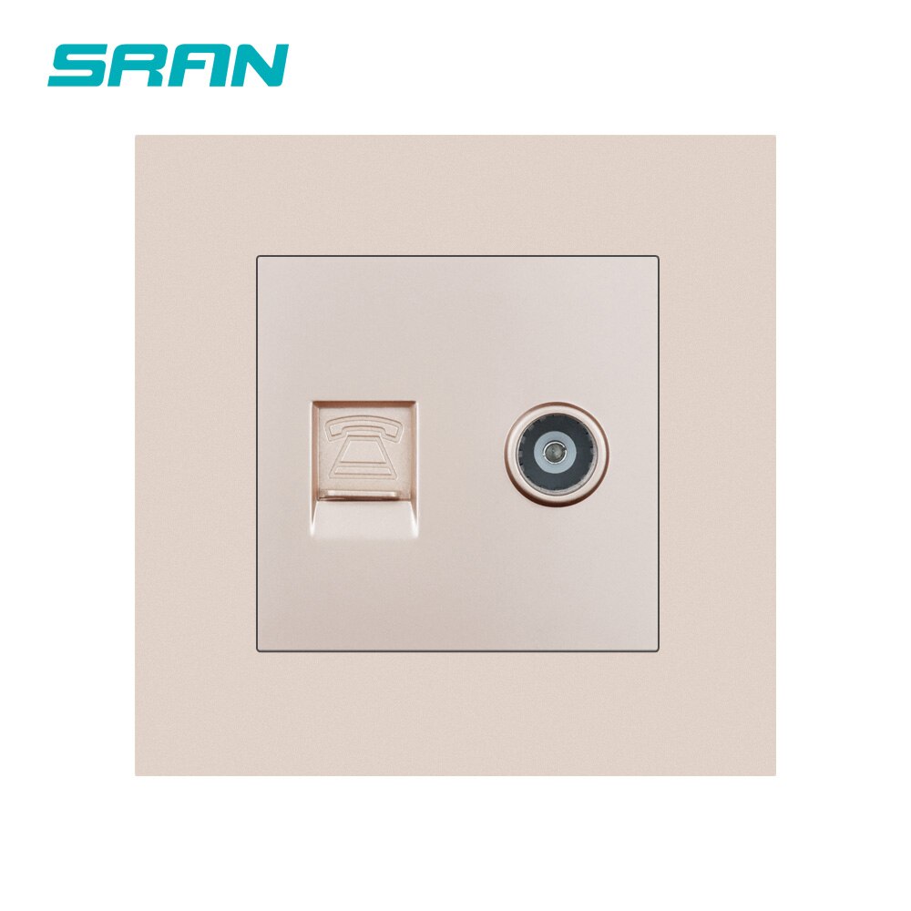 SRAN-enchufe de pared para TV y teléfono, panel de PC ignífugo, 86mm x 86mm, Blanco/Negro/dorado, Rj11 y toma de interfaz de televisión: Gold TV TEL