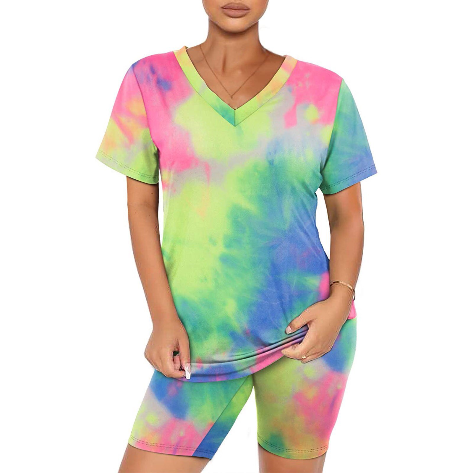 Pbbb Mode Casual Vrouwen Tie-Dye Korte Mouwen V-hals Shorts Pak Twee Stuk Pak Dames korte Sets Thuis Suits
