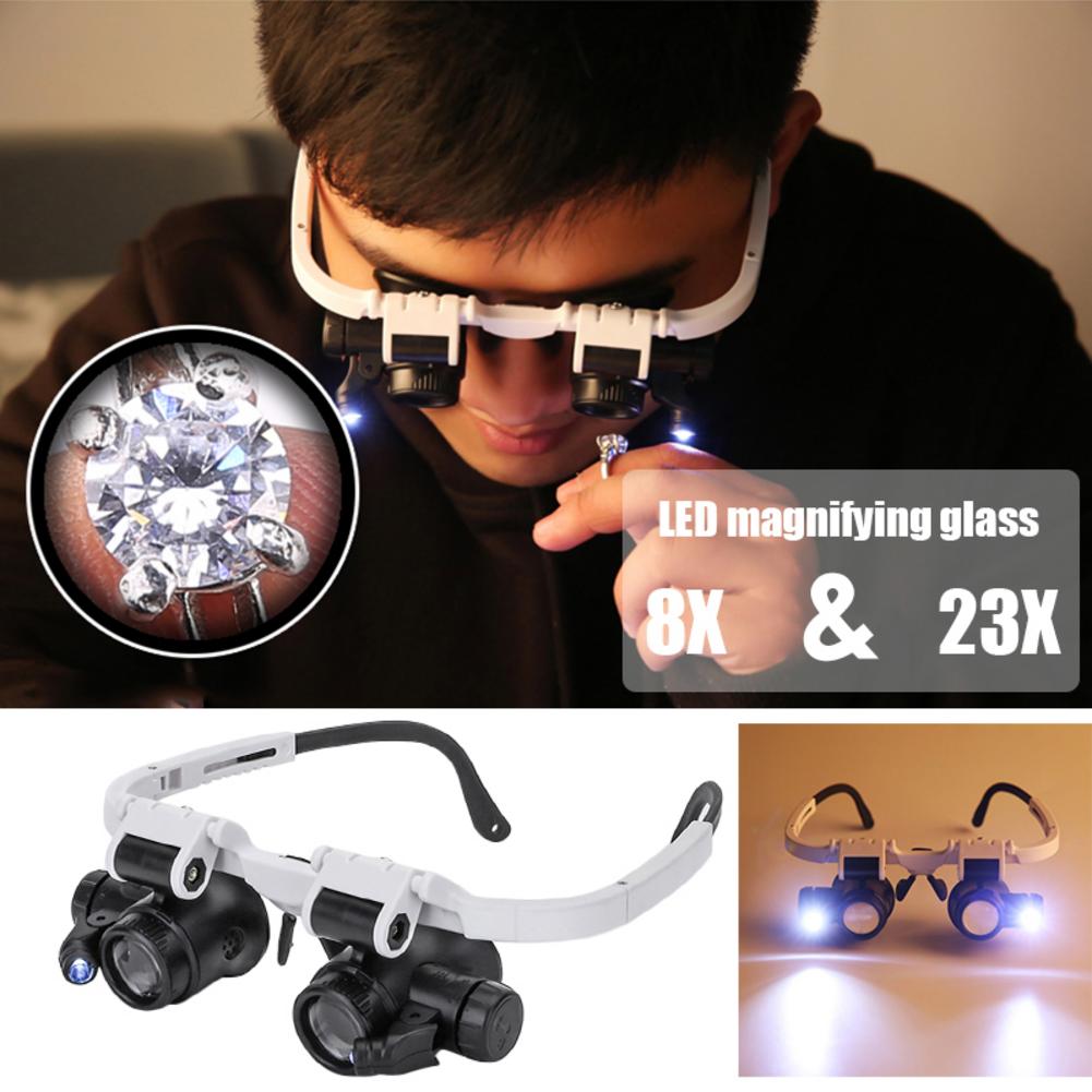 LED Lupe Gläser Lupe 8X 23X Doppel Auge Schmuck Uhr Reparatur Werkzeuge 8 Objektiv Lampe Lupen Brillen Lupe Licht