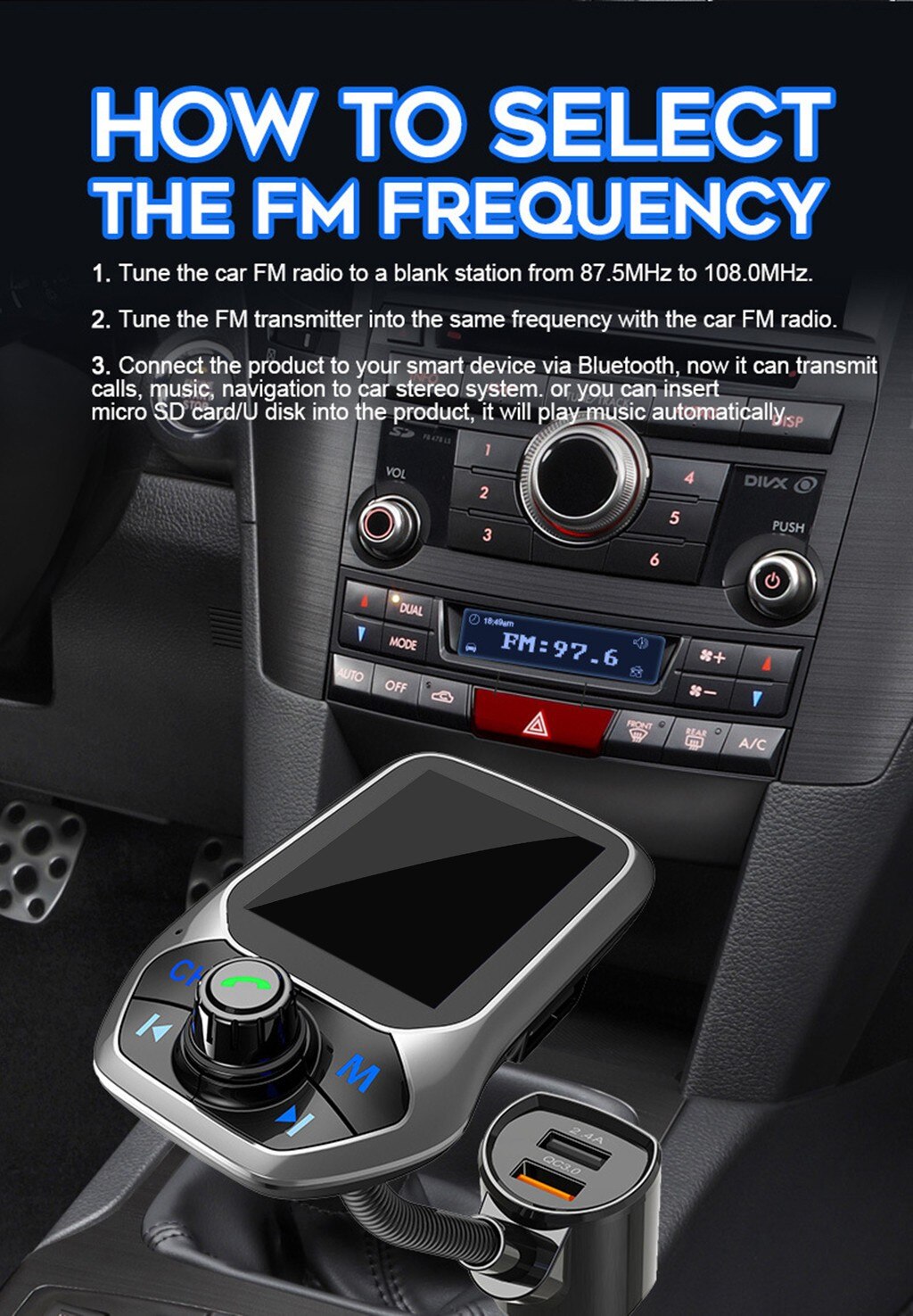 Car FM Transmitter Auto Scan Unused Station Radio Transmitter Adapter With QC 3.0 Quick Charging Port U Disk For Music