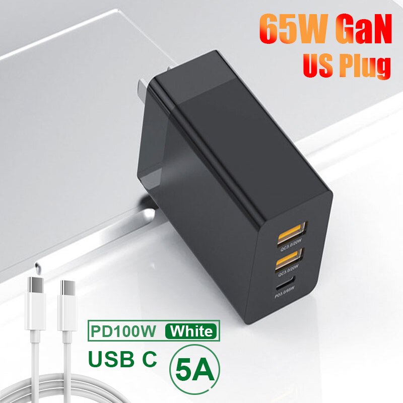 65W USB Fast Charging Adapter Universal PD Type C Quik Charge 3.0 GaN Charger For Samsung Xiaomi iPhone 12 11 Pro Mobile Phone: White / US-Data line