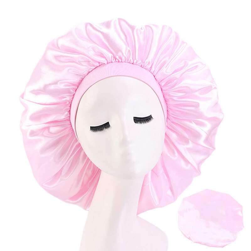 Women Satin Sleep Night Chemo Cap Solid Color Stretch Hair Care Hat Turban Bonnet Headscarf Skullies Wide Elastic Band Headwear: 08 Pink