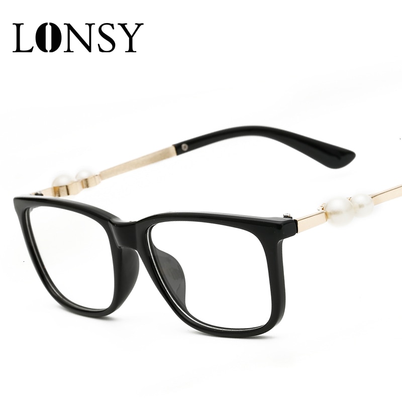 Lonsy Mode Vrouwen Glazen Optische Frame Parel Vierkante Bril Frame Retro Brillen Computer Bril Helder Transparante Glazen