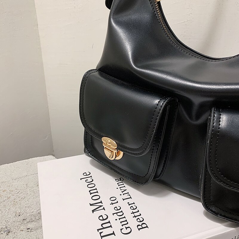Bolso pequeño Hobo de piel negra para mujer, bandolera de hombro con múltiples bolsillos, Color puro, de de , populares,