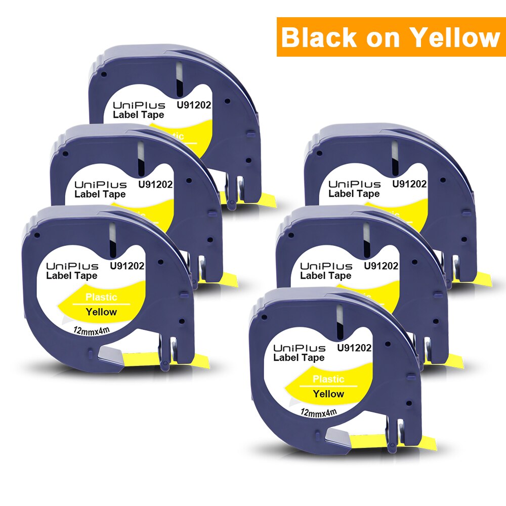 Uniplus 6pk 12267 91201 91202 91203 91204 91205 label tape fit dymo letratag label maker 12mm plastfarvesæt til dymo lt -100: 91202 sorte på gul