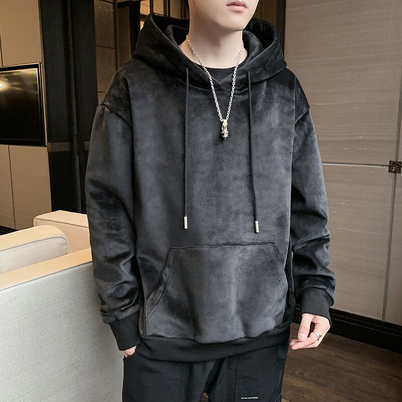 Winter Mens Velvet Hoodies Streetwear Velour Hoodies Men Hip Hop Sweatshirts Male Black Gray Hooded Pullovers M-3XL: black / L