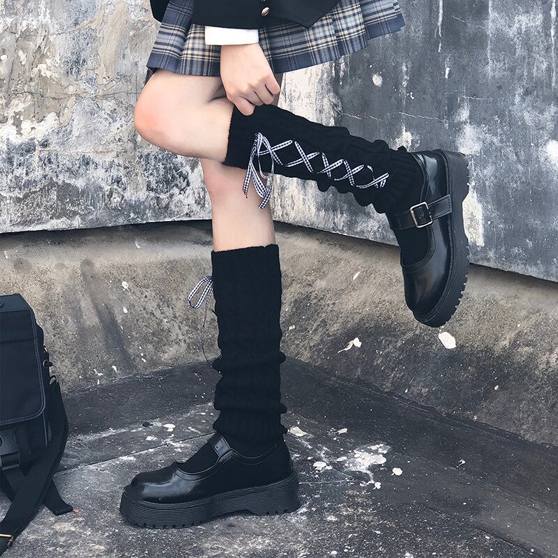 Herfst Winter Leggings Voor Vrouwen Lolita Koreaanse Streep Trekkoord Lint Boog Been Warmer Japanse Gebreide Knie Sokken: Black