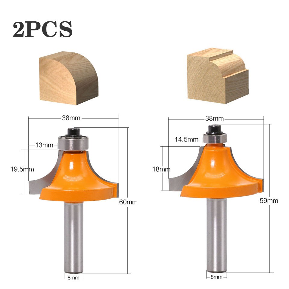 1pc 8mm Shank Round-Over Router Bits for wood Woodworking Tool 2 flute endmill with bearing milling cutter Corner Round Over Bit: 2PCS
