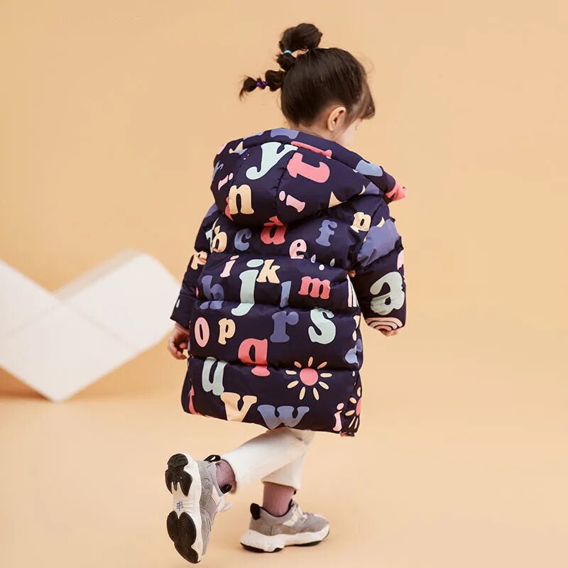 Korean Graffiti Cotton-padded Jacket Baby Girls Mid-length Thick Warm Cotton Jacket Winter Printed Letters Windproof Parkas