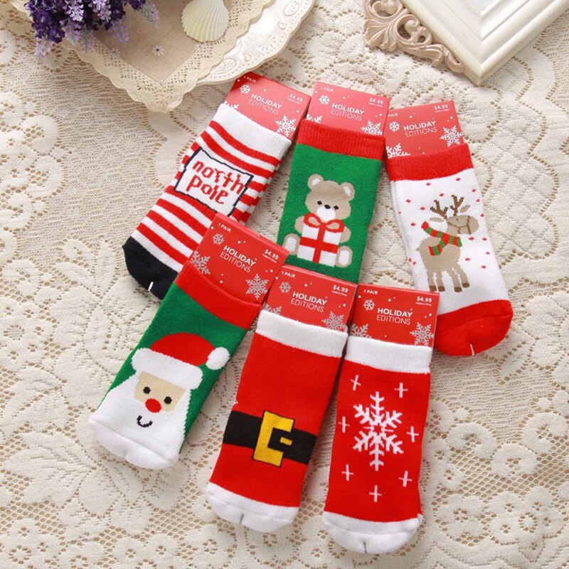 6 par/lote calcetines de Navidad para niños Otoño Invierno calcetines deportivos para niños de 1-8 años de edad Elk Santa Claus de Navidad