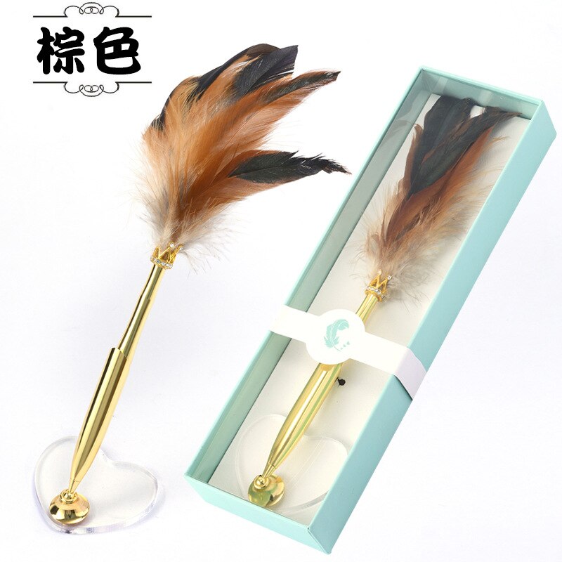 Pen Feather Quill Pen Ballpoint Pen Student Desk Pen With Pen Holder: Brown