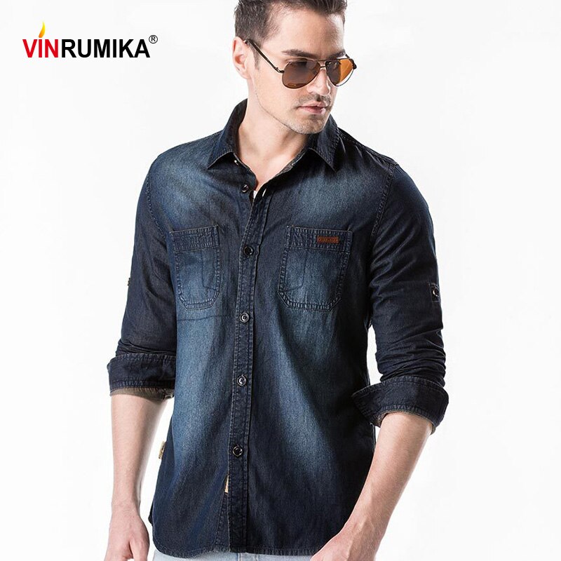 Vår europeisk herr casual stil cowboy svart skjorta man höst 100%  bomull klassisk denim blå långärmade skjortor