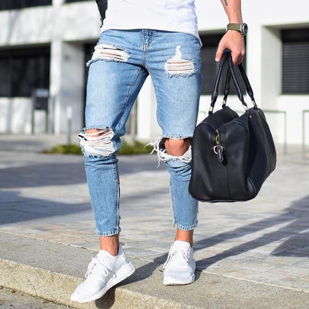 Men's Denim Pant Stretch Destroyed Ripped Hole Pants Ankle Pants Zipper Skinny Jeans For Men Plus Size Jeans M-3XL