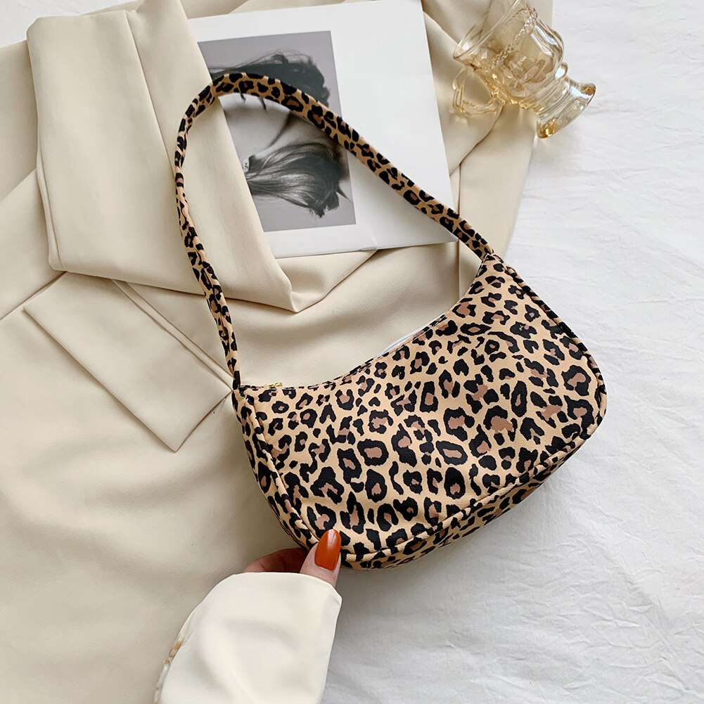 Nylon retro rutig dam leopardmönstrad avslappnad axel underarmsväskor för kvinnor 2022 trend tjejer shopper kvinnlig handväska: Leopard