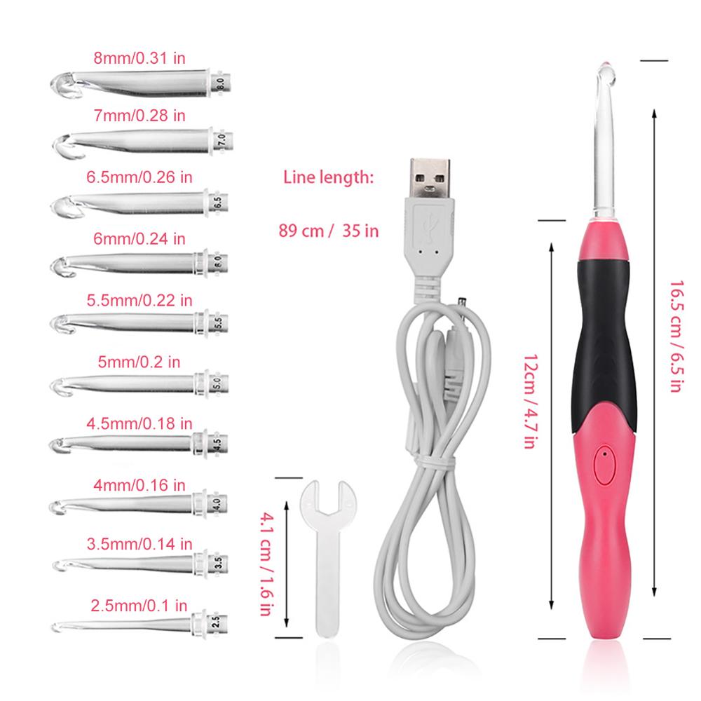12 in 1 Light Up Crochet Hooks Rechargeable LED Knitting Tools Knitting Needles USB DIY Weaving Sweater Sewing Accessories