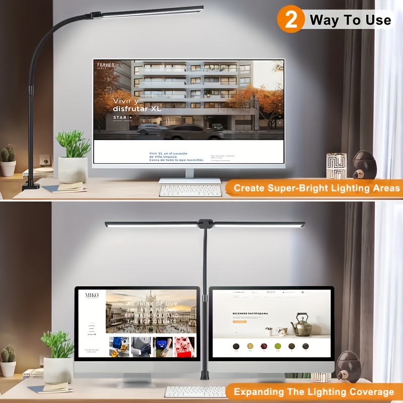 LED-schreibtischlampe fürs homeoffice mit zwei leuchtenköpfen, stufenloser dimmfunktion, augenschonendem leselicht, 3 farbmodi und flexibler verstellbarkeit.