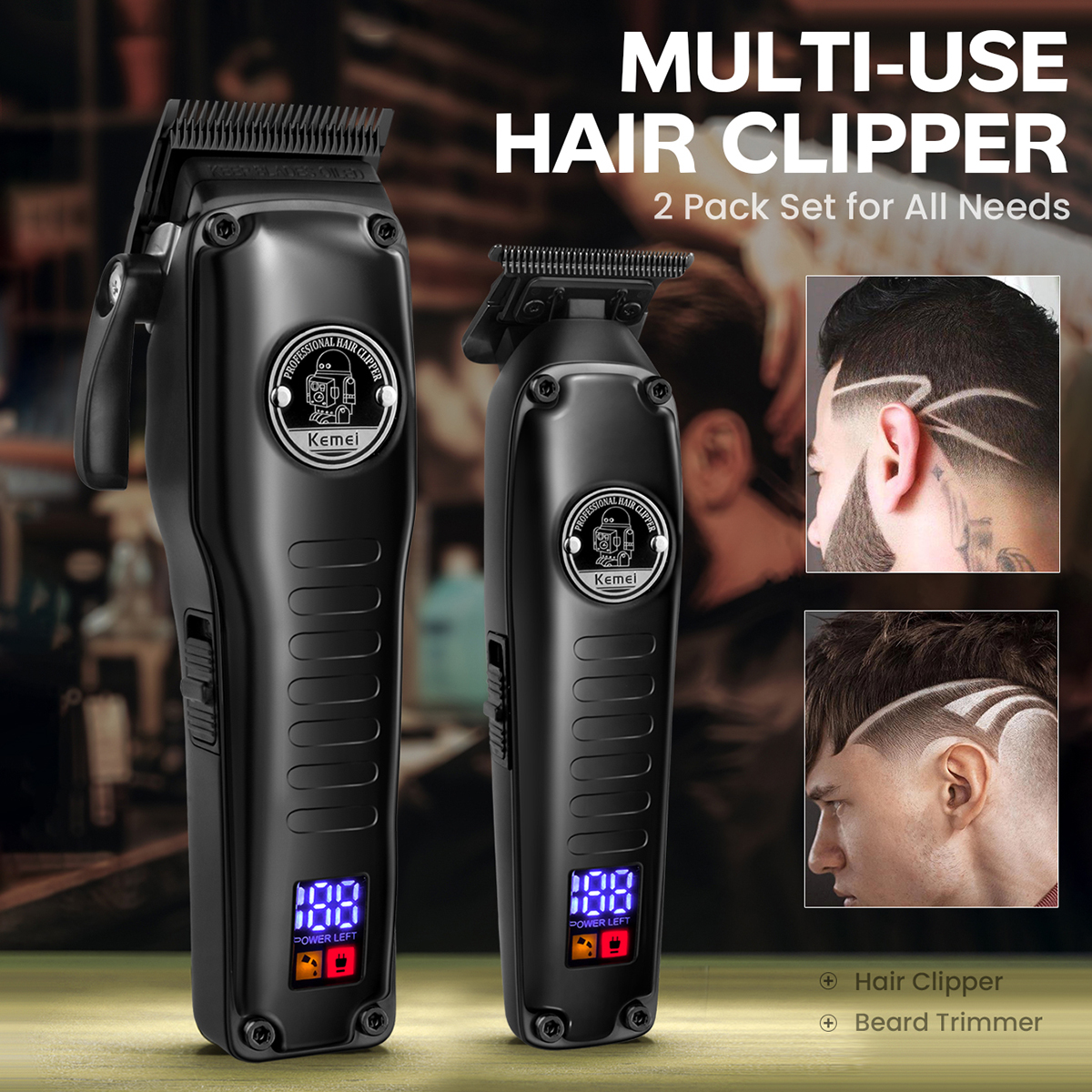 KEMEI Hair Clipper Trimmer Set Hair Cutting Machine Cordless Barber Clipper LED Display Beard Trimmer Men
