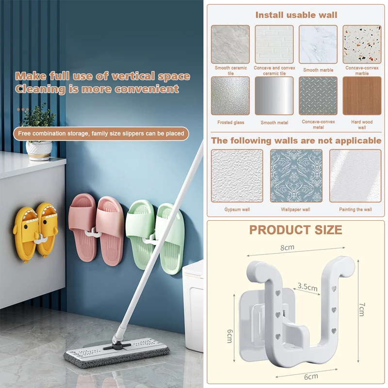 Ganchos para zapatillas de baño, estantes para zapatillas sin perforaciones montados en la pared, estante de almacenamiento autoadhesivo para zapatillas, soporte para colgar zapatos, 2 uds.