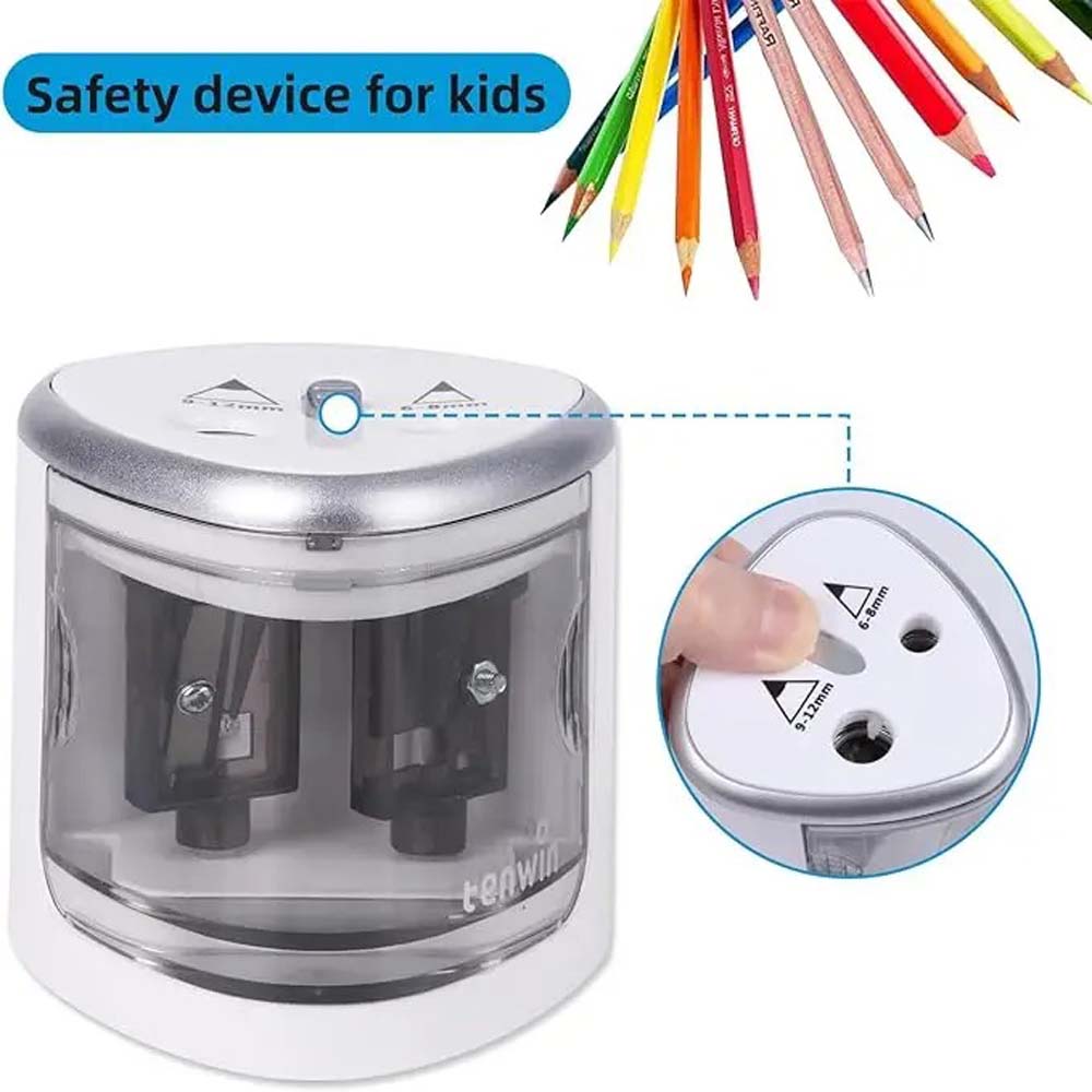 TENWIN Electric double-hole pencil sharpener Quick sharpening school supplies for 6-12mm pencils(Battery Not Included)