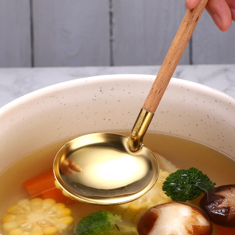 2PCS Stainless Steel Wooden Handle Spoon/Colander 26.7CM Pot Spoons Flatware Soup Drinking Tools Kitchen Gadget