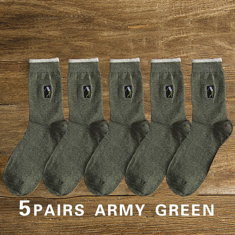 5 pairs Embroidery Men&#39;s Cotton Socks For Male Business Brand Deodorant Dress socks men&#39;s Outdoor Baseball Socks: 5 pairs Army Green