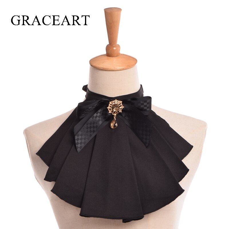 Vintage Women Jabot Collars Neck With Bowknot Pins Punk Victorian Chiffon Ruffle Collar