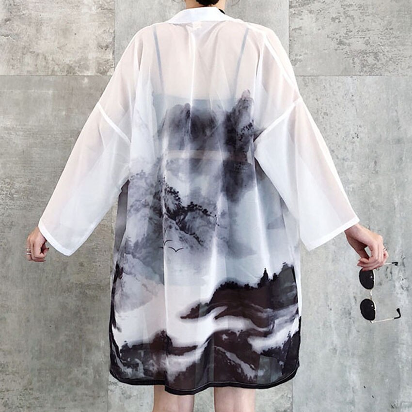 2022 Sunscreen Woman Japanese Traditional Kimono Cardigan Chinese Oriental Ink-wash Painting Thin Long Robe Coat Haori Outfits