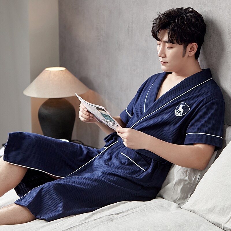Zomer Gebreide Katoenen Mannen Gewaad Losse L-4XL Mannelijke Badjas Korte Mouwen Casual Zachte Nachtjapon